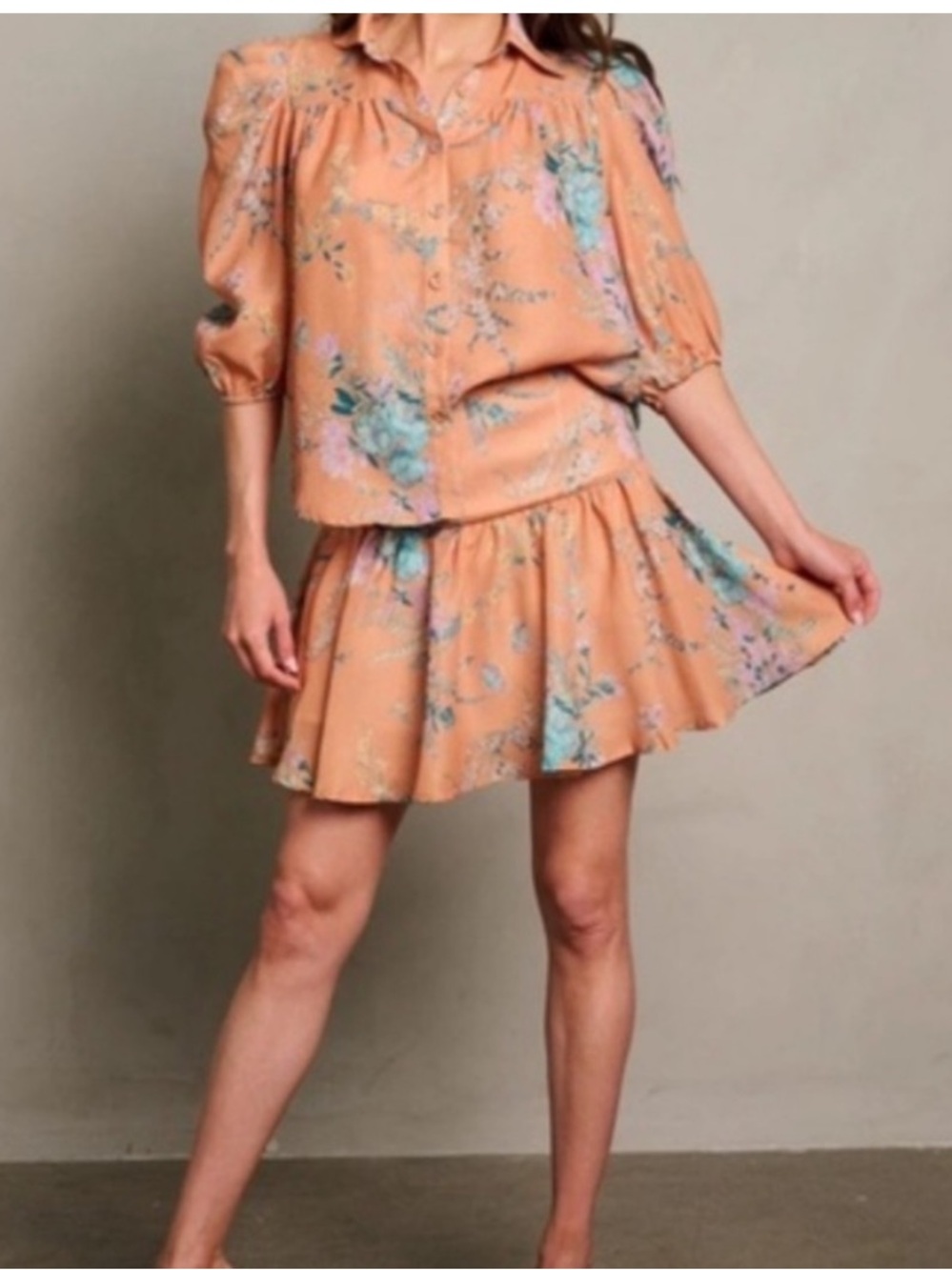NWT Peach Floral Two-Piece Set | Boho Romantic Mini Skirt Set | Medium